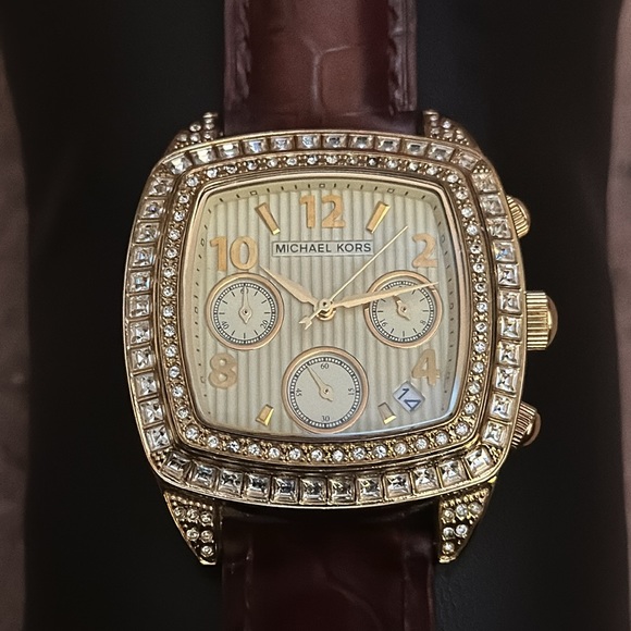 Michael Kors MK 5106 Gold Bling Watch with Genuine Leather Brown Band - Picture 5 of 12